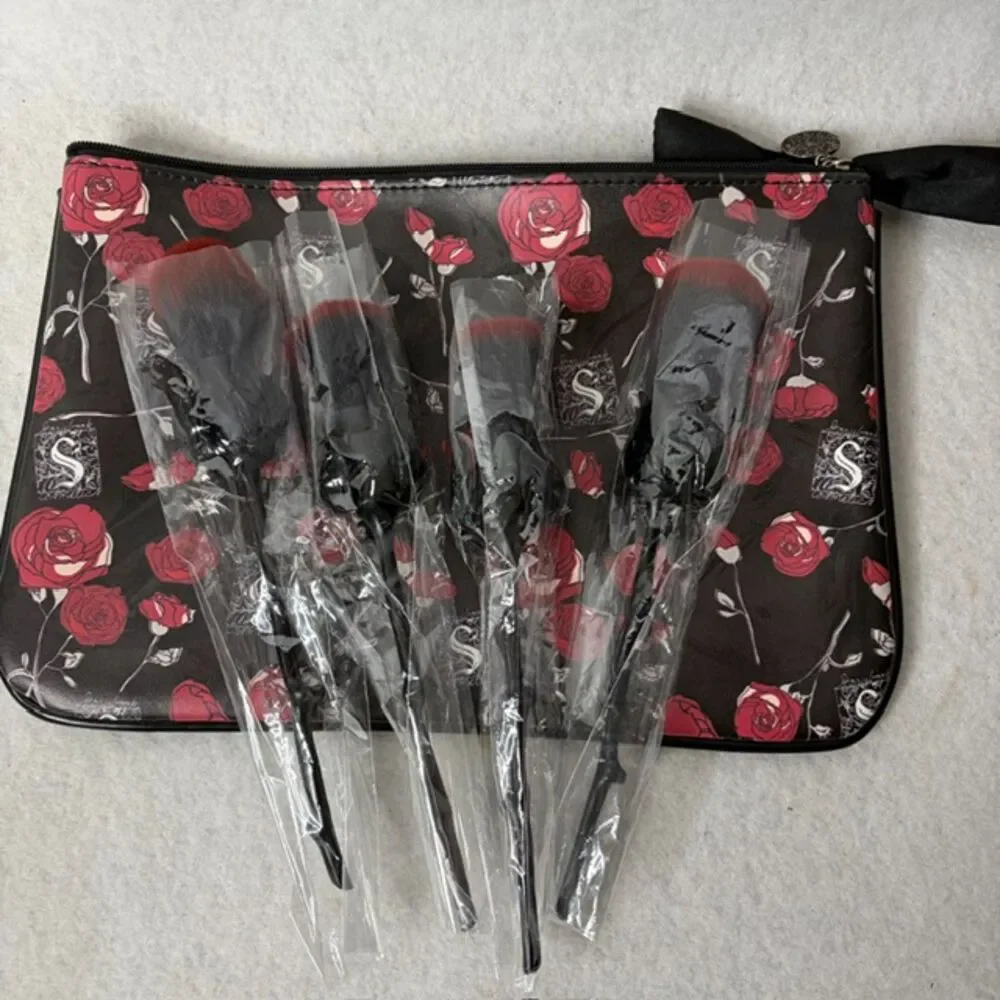 Rose makeup brush set with floral pouch and Edgar Allan Poe quot